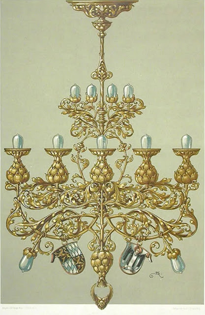 Люстра в стиле модерн, работающая от электричества, 1890 г., литография Антона Седера (1850–1916)