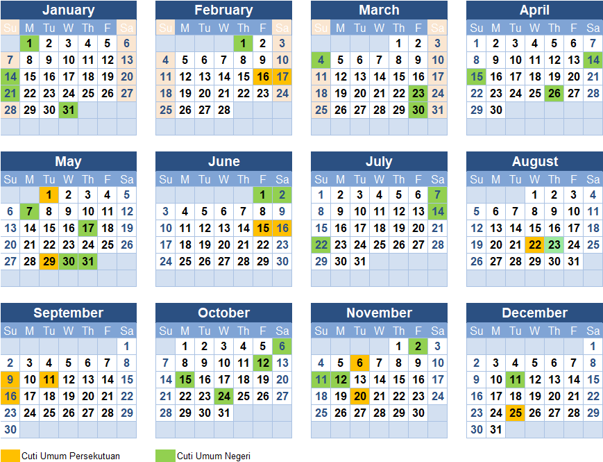 Kalender, Cuti Umum dan Cuti Negeri di Malaysia 2018 
