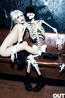 Lady Gaga hanging out nude with a skeleton