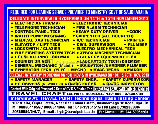 Urgent &  Large Vacancies For Ministry Govt. Of Saudi Arabia