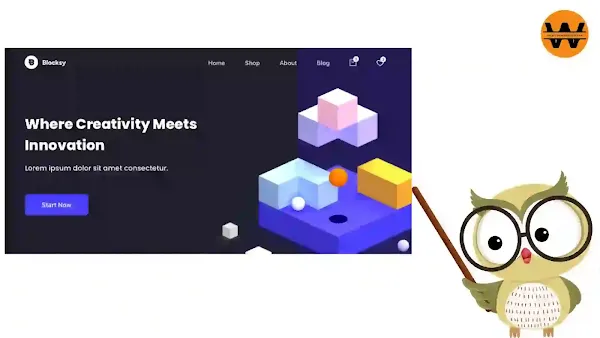 واجهة قالب Blocksy المميزة لتصميم مواقع ووردبريس بأسلوب عصري مع شخصية بومة تعليمية