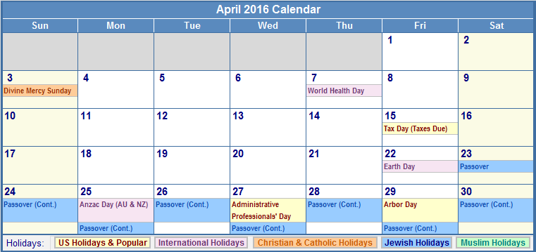 April 16 Calendar With Holidays Usa Uk Canada