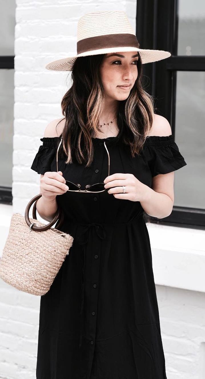 trendy summer outfit / hat + black off shoulder dress + bag