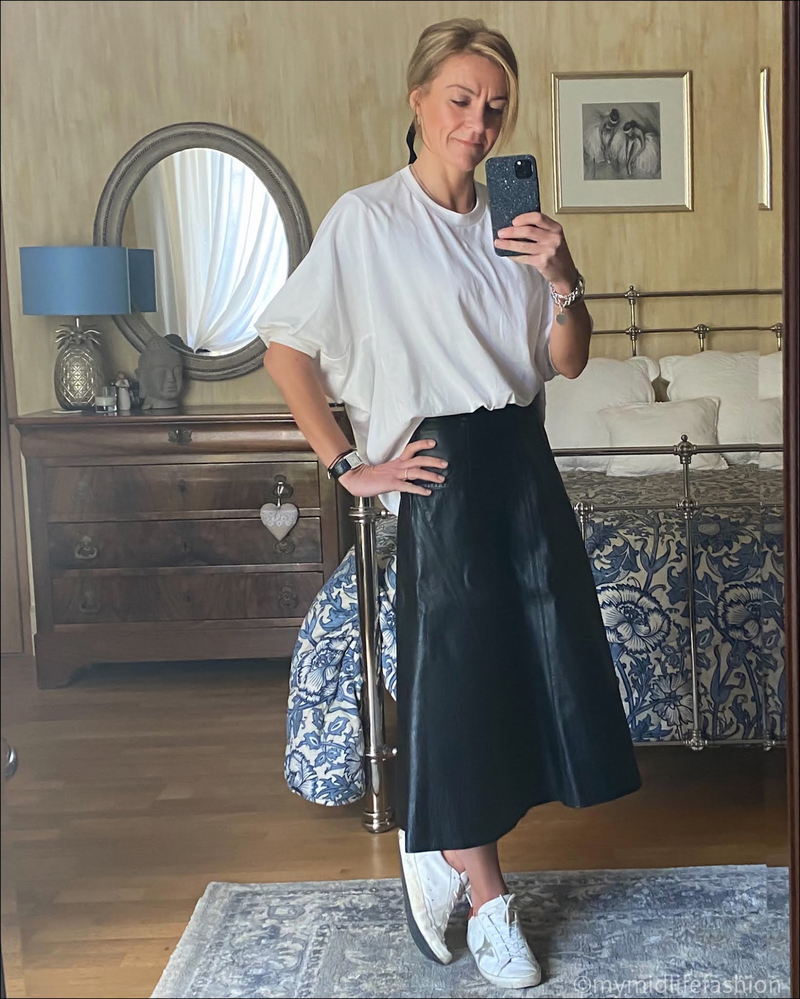 my midlife fashion, marks and Spencer leather a line skirt, Zara oversized t-shirt, golden goose superstar low top leather trainers