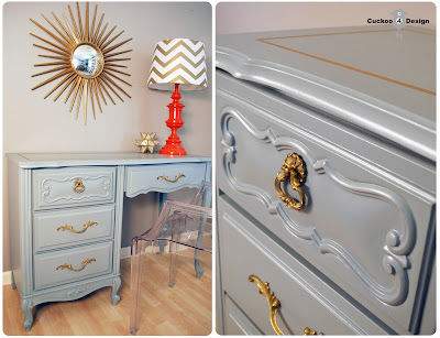 grey french provincial dresser with gold accents and sunburst mirror