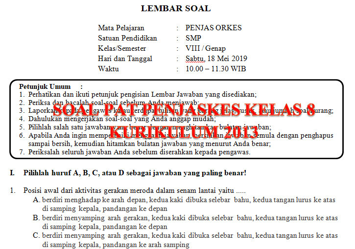              Format Kisi Kisi Soal Kurikulum  Soal Uas Pjok Kelas 1 Semester 1 Kurikulum 2013 Revisi 2018