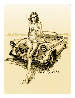 woman portrait with Chevy car drawing