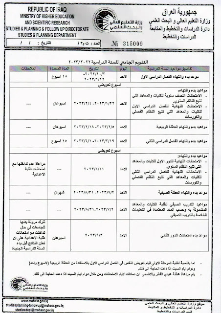 توقيتات التقويم الجامعي 2023 في العراق