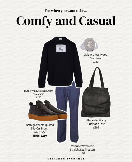 Collage image of comfy and casual outfit, the look includes a burberry black sweatshirt, vivienne westwood trousers, bottega quilted shoes, vivienne westwood silver ring and alexadner mcqueen tote bag.