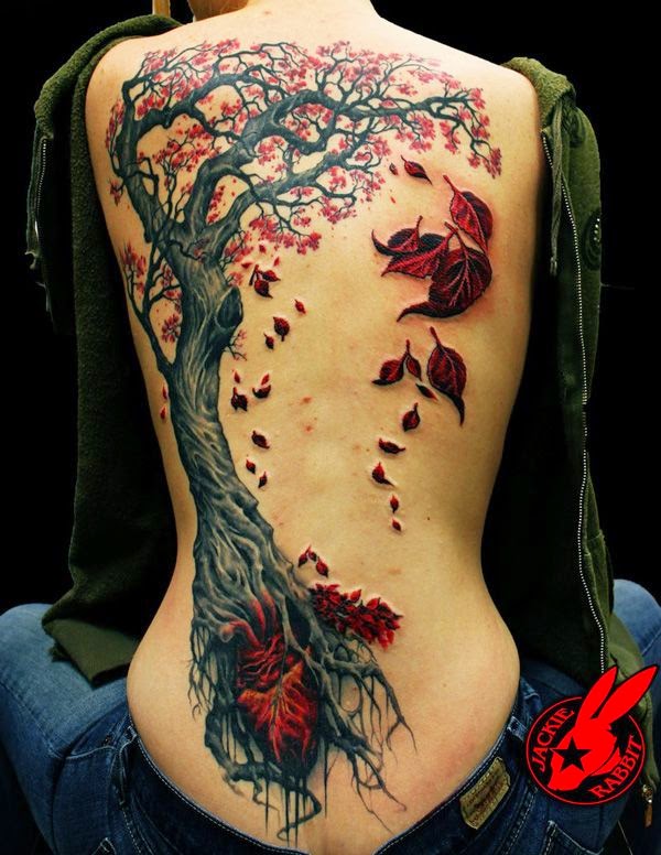 Xmas Tree Design On Full Women Back, Women Full Back With Stunning Flower Tattoos, Attractive Flower On Women Back Xmas Tattoos, Christmas Tattoos, 