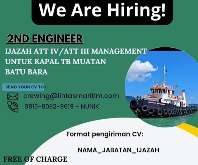 Lowongan Kerja Pelaut 2nd Engineer Tugboat Batubara 2023