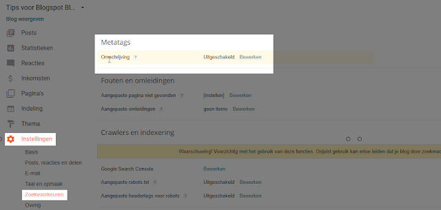 meta tags inschakelen blogspot blog
