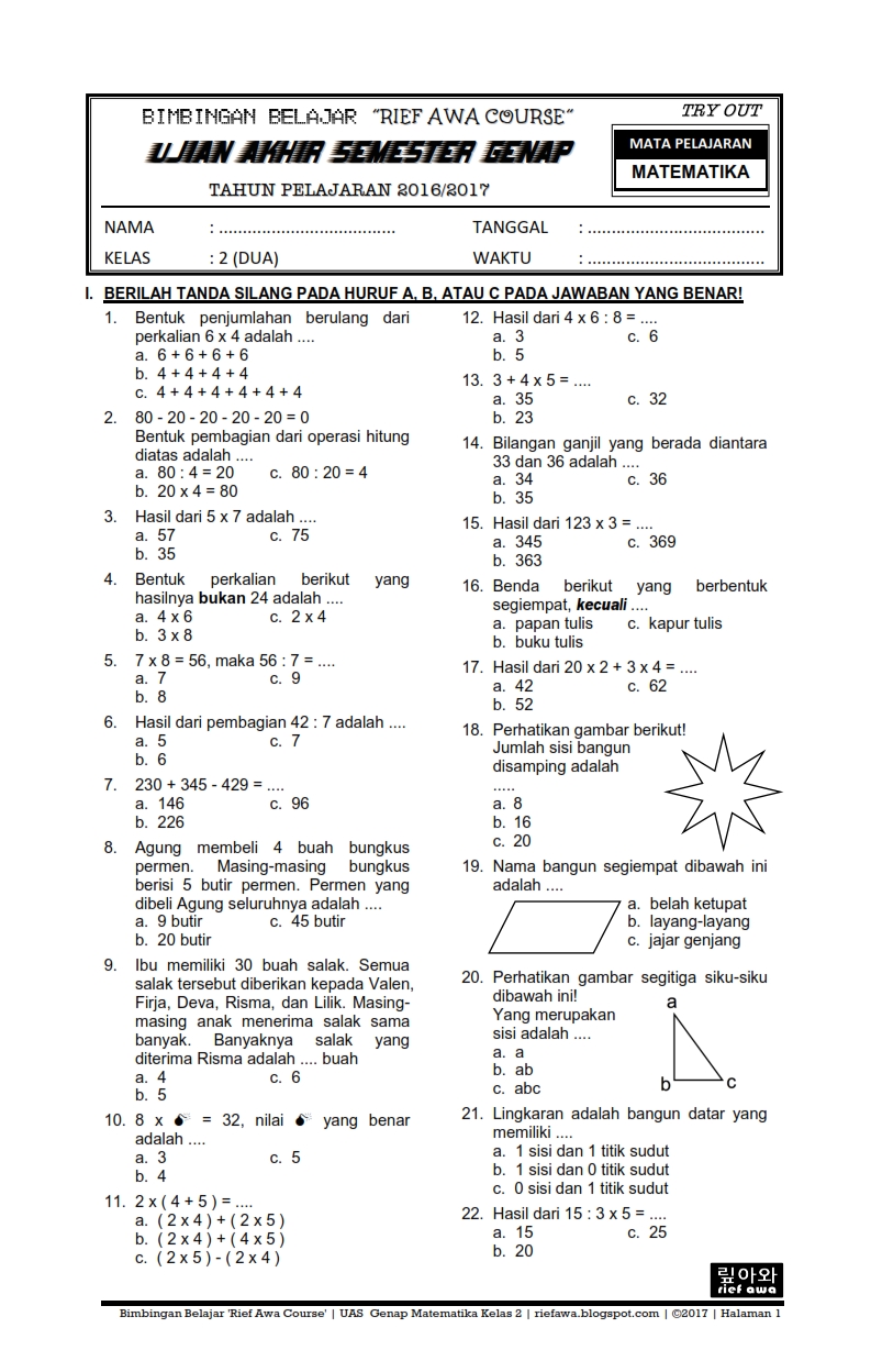 Download Soal UKK \/ UAS Genap Matematika Kelas 2 SD\/MI Semester 2 Terbaru Tahun 2017 ~ Rief Awa 