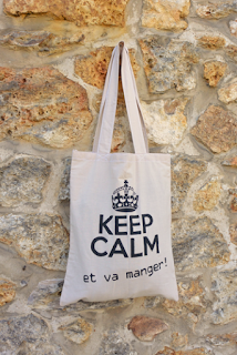 Tote bag Keep calm... et va manger ! coton beige anse 25x35 cm. pochoir peint à la main.