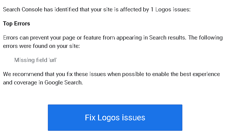 search console: Logos issues detected on website : Missing field 'url'