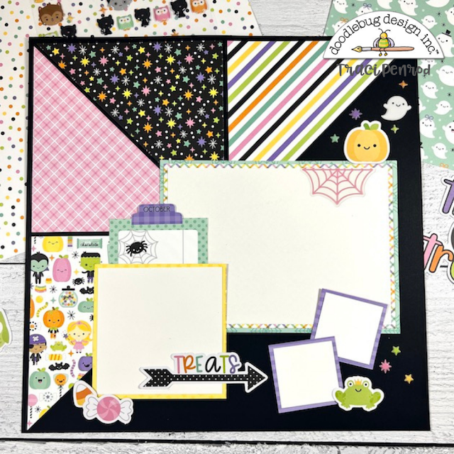 12x12 Halloween Scrapbook Page Layout with candy, pumpkins, stars, and a frog