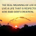THE REAL MEANING OF LIFE IS TO LIVE A LIFE THAT IS RESPECTED BY GOD AND GOD'S CREATION.