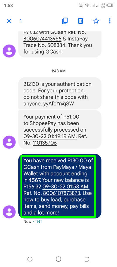gcash sent text to registered mobile number regarding received funds from maya
