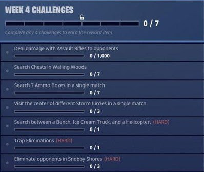 Fortnite Season 4 Week-4 Challenge List showing all the seven challenges