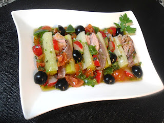 Puerros rellenos en ensalada con vinagreta