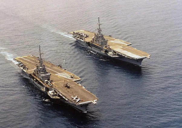 Clemenceau and Foch aircraft carriers sailing together in 1977