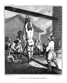 A print showing a man stripped to the waist and hung from a beam by his hands with his legs tied to a log, ready to be whipped with a knout, a heavy scourge-like multiple whip usually made of a bunch of rawhide thongs attached to a long handle.
