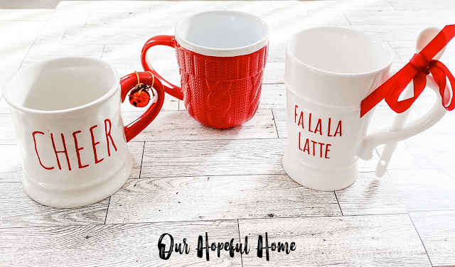 red and white Christmas mugs