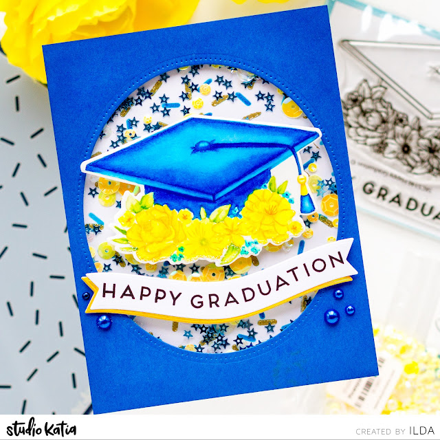 Graduation Card, Shaker Card, Studio Katia, blue, yellow, masculine, Card Making, Stamping, Die Cutting, handmade card, ilovedoingallthingscrafty, Stamps, how to,