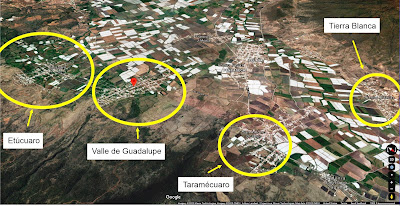 Ubicación actual de Valle de Guadalupe, Michoacán para comparar con el mapa histórico. Etúcuaro, Michoacán, San Antonio Ocampo, Tangancícuaro, Tierras blancas, Valle de Guadalupe, Valle de Taramécuaro