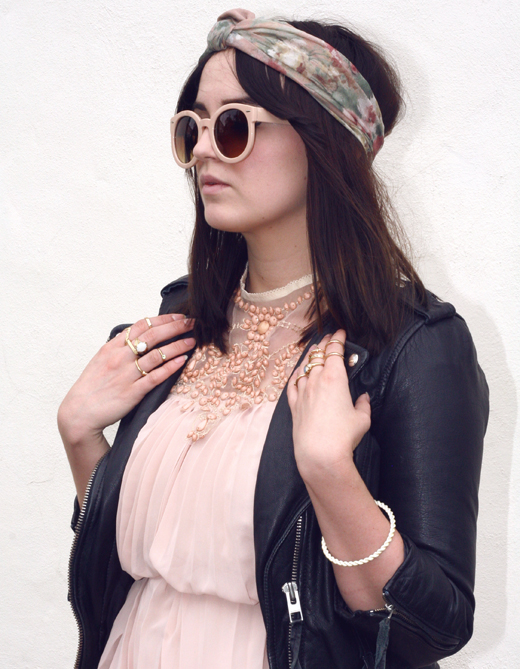 choies swing dress, beaded dress, pleated dress, girly, biker, rock chick, biker jacket, all saints biker jacket, floral headscarf, vintage, vintage scarf, turban, fashion turban,  zerouv sunglasses, nude oversized sunglasses, biker girl, rocker, hippy, hippie, chic