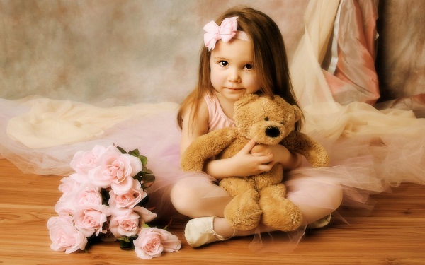 Baby Girl with Teddy Bear & Flowers