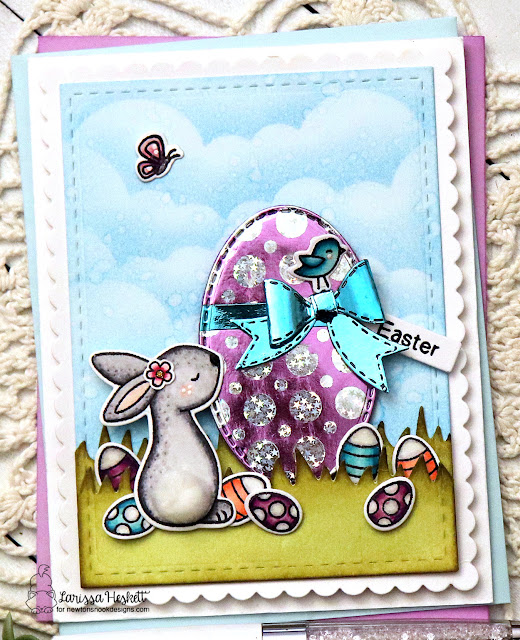 Easter Card by Larissa Heskett | Bitty Bunnies Stamp Set, Oval Frames Die Set, Newton's Easter Basket Stamp Set, Clouds Stencil and Land Borders Die Set by Newton's Nook Designs #newtonsnook