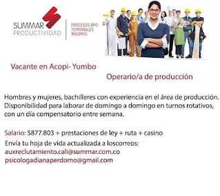 Empleo en Cali hoy como OPERARIO DE PRODUCCION