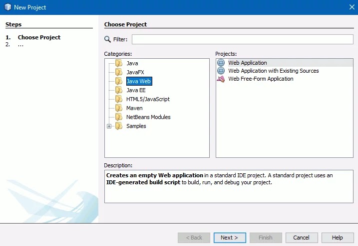 select Java Web option on the left-hand side and select Web Application on the right-hand side,
