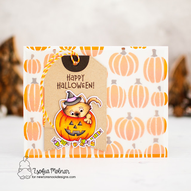 Halloween Kitten Card by Zsofia Molnar | Trick or Treat Kittens Stamp Set, Fancy Edges Tag Die Set, and Jack-o'-lantern Stencil Set by Newton's Nook Designs #newtonsnook #handmade