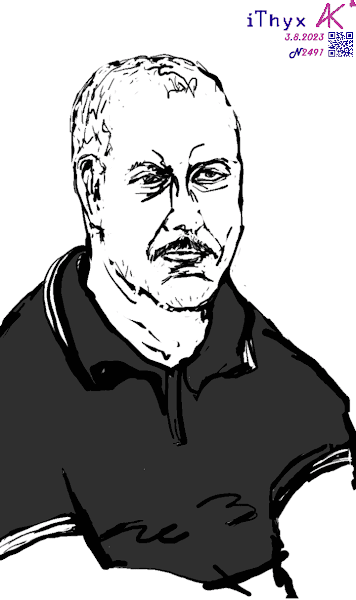 Усатый мужчина, с поредевшими седыми волосами, в чёрной тенниске. Автор рисунка: художник #iThyx