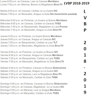 Transmisiones televisivas LVBP 2018-2019. Calendario con las transmisiones televisivas del béisbol profesional venezolano LVBP 2018-2019. Calendario primera semana LVBP 2018-19. Calendario de Béisbol Profesional Venezolano 2018-2019 LVBP. Calendario completo con las Transmisiones televisivas del Béisbol Profesional venezolano 2018-2019 LVBP. Calendario segunda semana LVBP 2018-19. Calendario tercera semana LVBP 2018-19. Calendario cuarta semana LVBP 2018-19. Calendario quinta semana LVBP 2018-19. Calendario sexta semana LVBP 2018-19. Calendario septima semana LVBP 2018-19. Calendario octava semana LVBP 2018-19. Calendario novena semana LVBP 2018-19. Calendario decima semana LVBP 2018-19. Calendario undecima semana LVBP 2018-19. Calendario duodecima semana LVBP 2018-19.