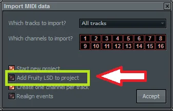 Изображение окна Import midi data в старых версиях fl studio