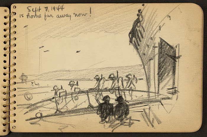 21-Year-Old WWII Soldier’s Sketchbooks Show War Through The Eyes Of An Architect - Soldiers Disembarking On Gangplank From Ship In Cherbourg Harbor, France