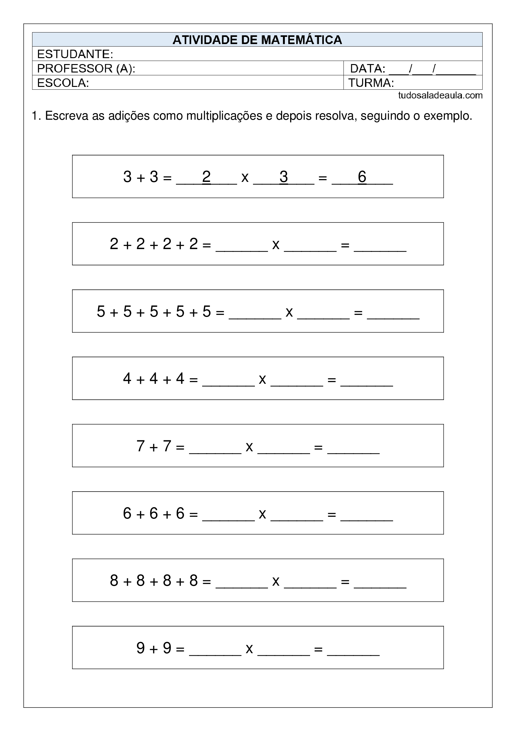 Atividades de Matemática para o 2º Ano sobre Multiplicação