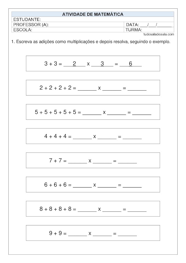 Atividades multiplicação 3º ano