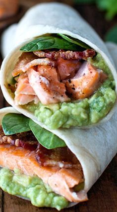 Salmon, Guacamole, and Bacon Wraps - An easy meal with salmon, guacamole, and bacon all wrapped up in a warm tortilla.