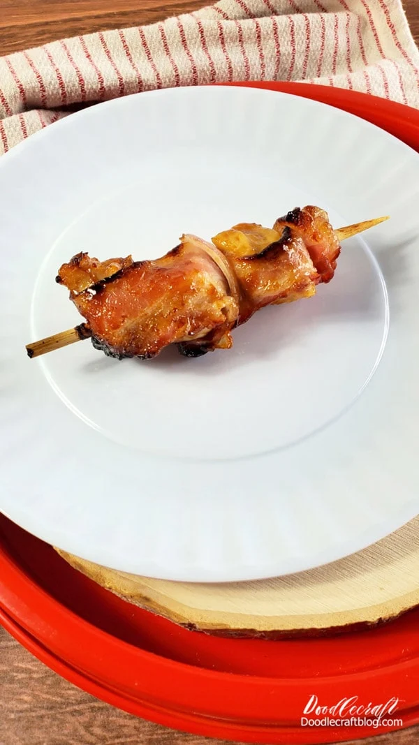 These squirrel on sticks were so yummy!   They are a little time consuming but so delicious.   I've thought through better ways to make it so the bacon doesn't burn, but it's such a wonderful combination that the little toasted edges of bacon still were delightful.