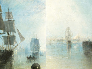 Keelmen Heaving in Coals by Moonlight of English romantic painter J. M. W. Turner, shows the square rigged ships on the river