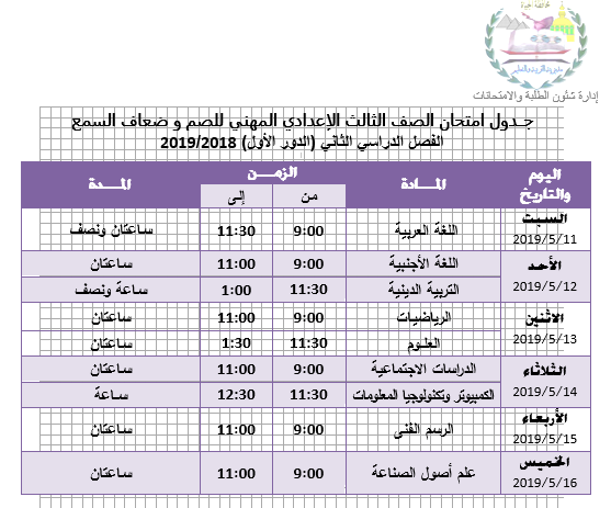  جداول امتحانات الشهادة الاعدادية لمحافظة الجيزة 2019 الترم الثانى اخر العام