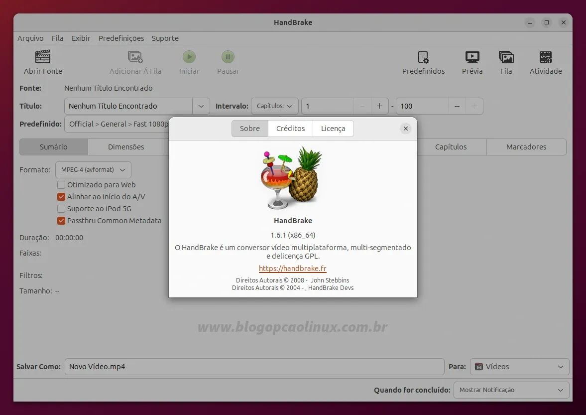 HandBrake executando no Ubuntu 23.10 (Mantic Minotaur)