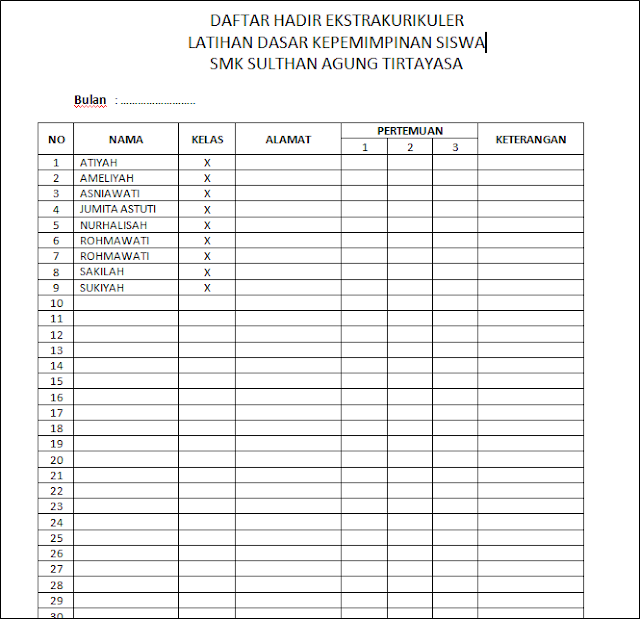 Contoh Daftar Hadir Kegiatan LDKS (Dokumen MS.WORD)