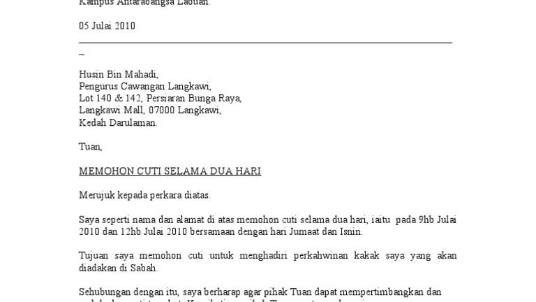 Contoh Surat Rasmi Kepoada Guru Memohon Cuti Bagi Anak Kepada