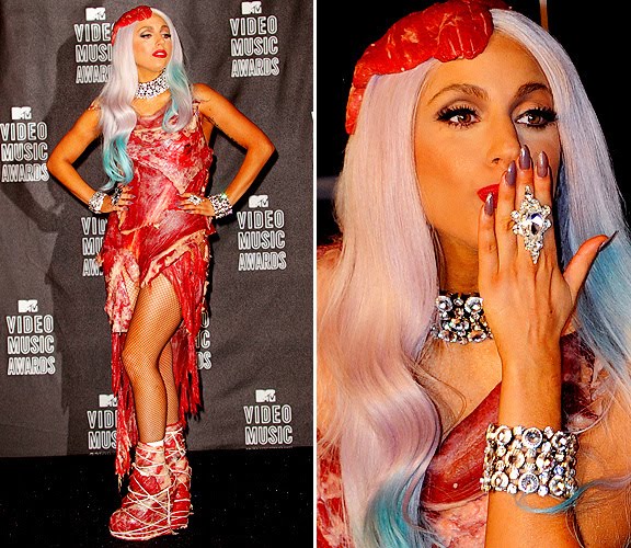 lady gaga meat dress. Lady Gaga at the 2010 Video