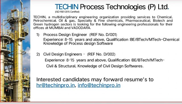 TECHIN Process Technologies Hiring For Process Design Engineer/ Civil Design Engineer